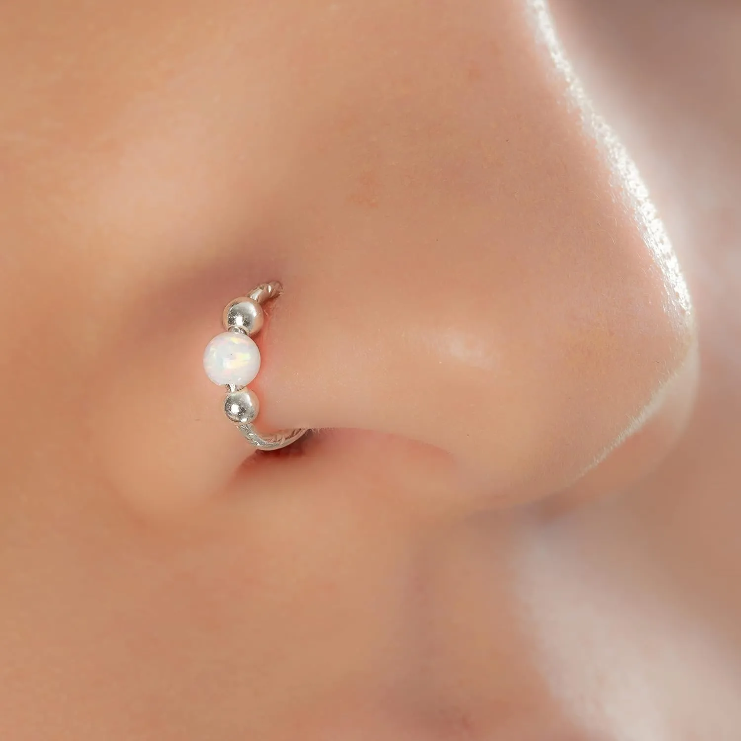 Silver Nose Ring 20 Gauge - Nose Piercing Jewelry With White Opal - 20g Silver Nose Ring Unisex Use Women Men - 8mm Diameter 0.3 Inches Nose Jewelry