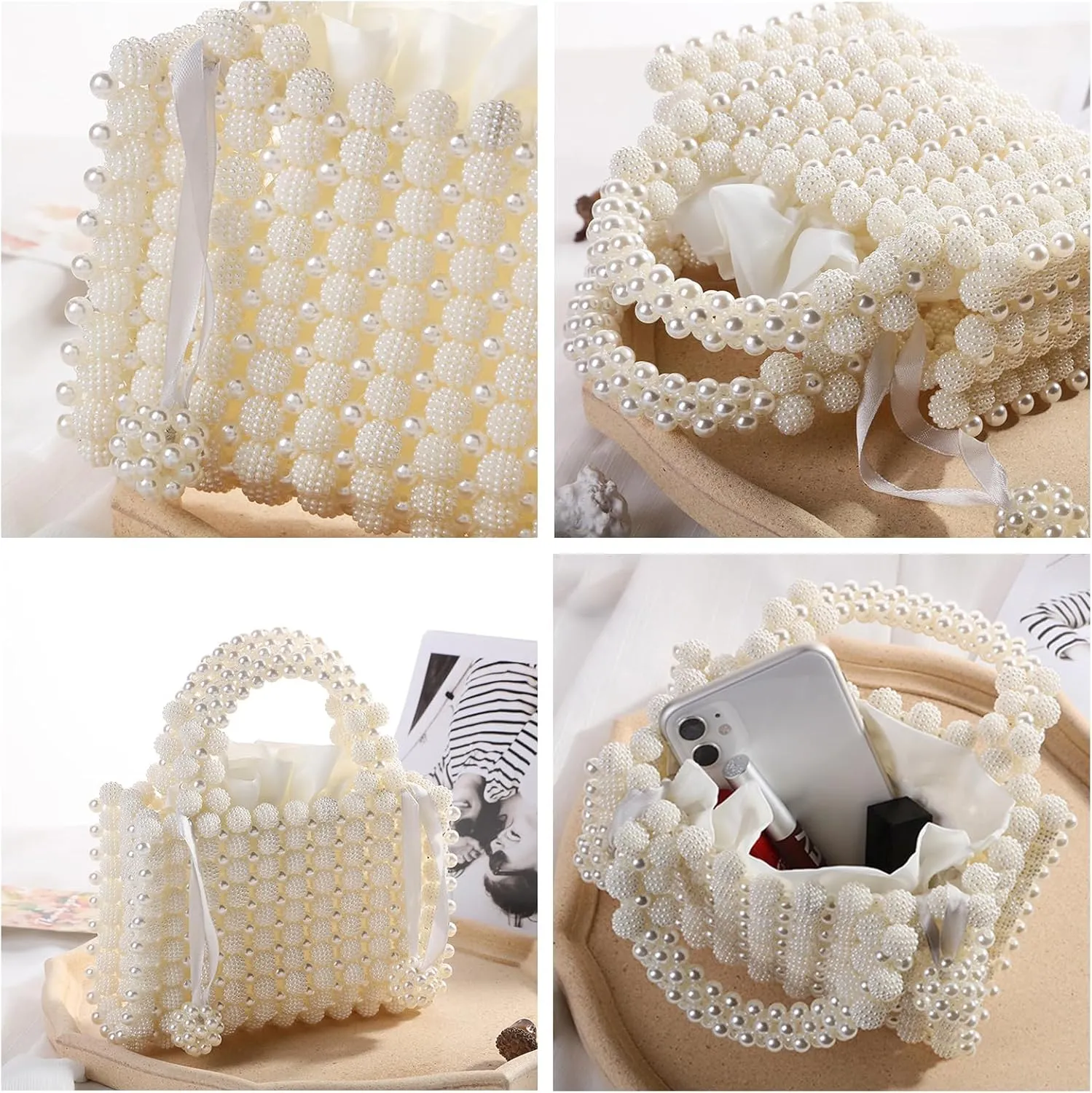 Small Beaded Clutch Purses for Women Handmade Bucket Pearl Handbag for Evening Wedding Party Formal