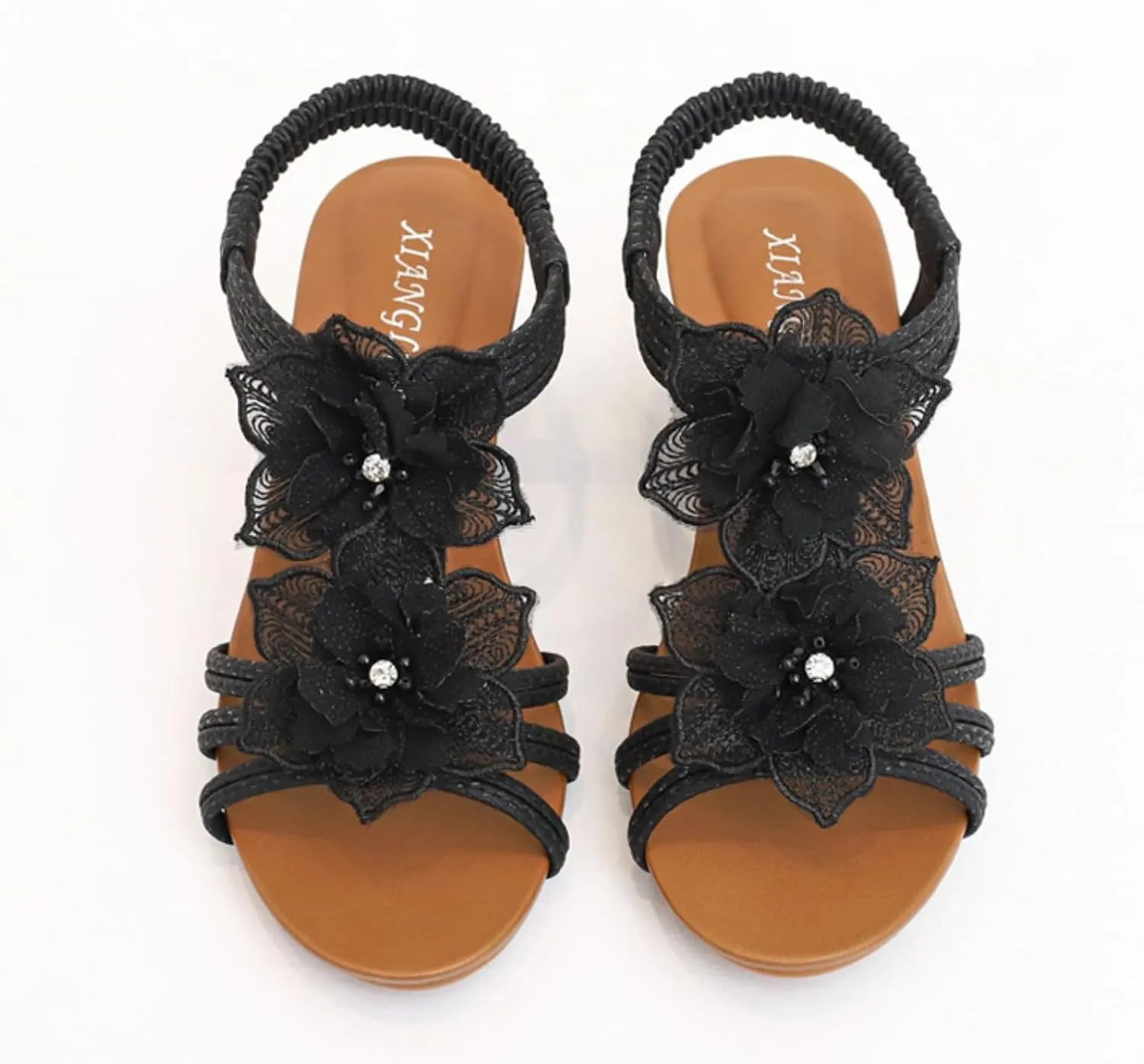 Smoneyful Women's Cutout Sandals Peep Toe Mid Heel Rhinestones Elastic Ankle Strap Open Toe Elegant Thick Sole Breathable Fashion Comfort Wedge Beach Sandals