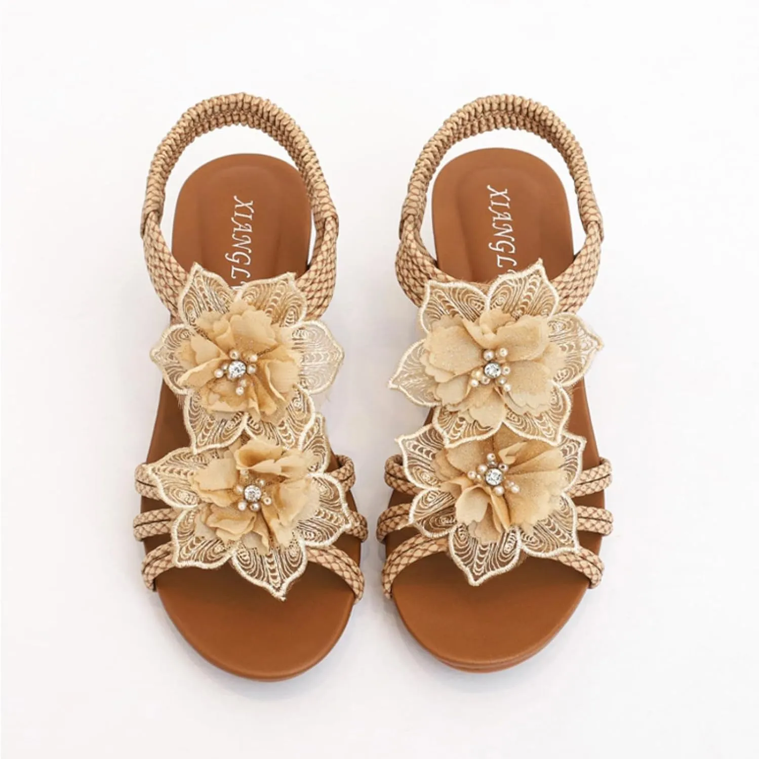 Smoneyful Women's Cutout Sandals Peep Toe Mid Heel Rhinestones Elastic Ankle Strap Open Toe Elegant Thick Sole Breathable Fashion Comfort Wedge Beach Sandals
