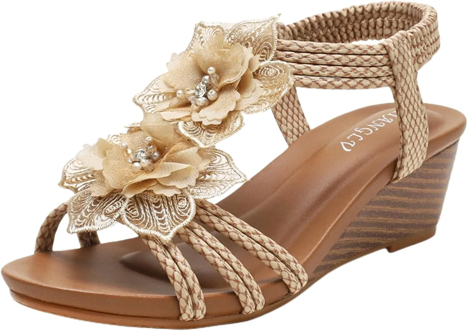 Smoneyful Women's Cutout Sandals Peep Toe Mid Heel Rhinestones Elastic Ankle Strap Open Toe Elegant Thick Sole Breathable Fashion Comfort Wedge Beach Sandals