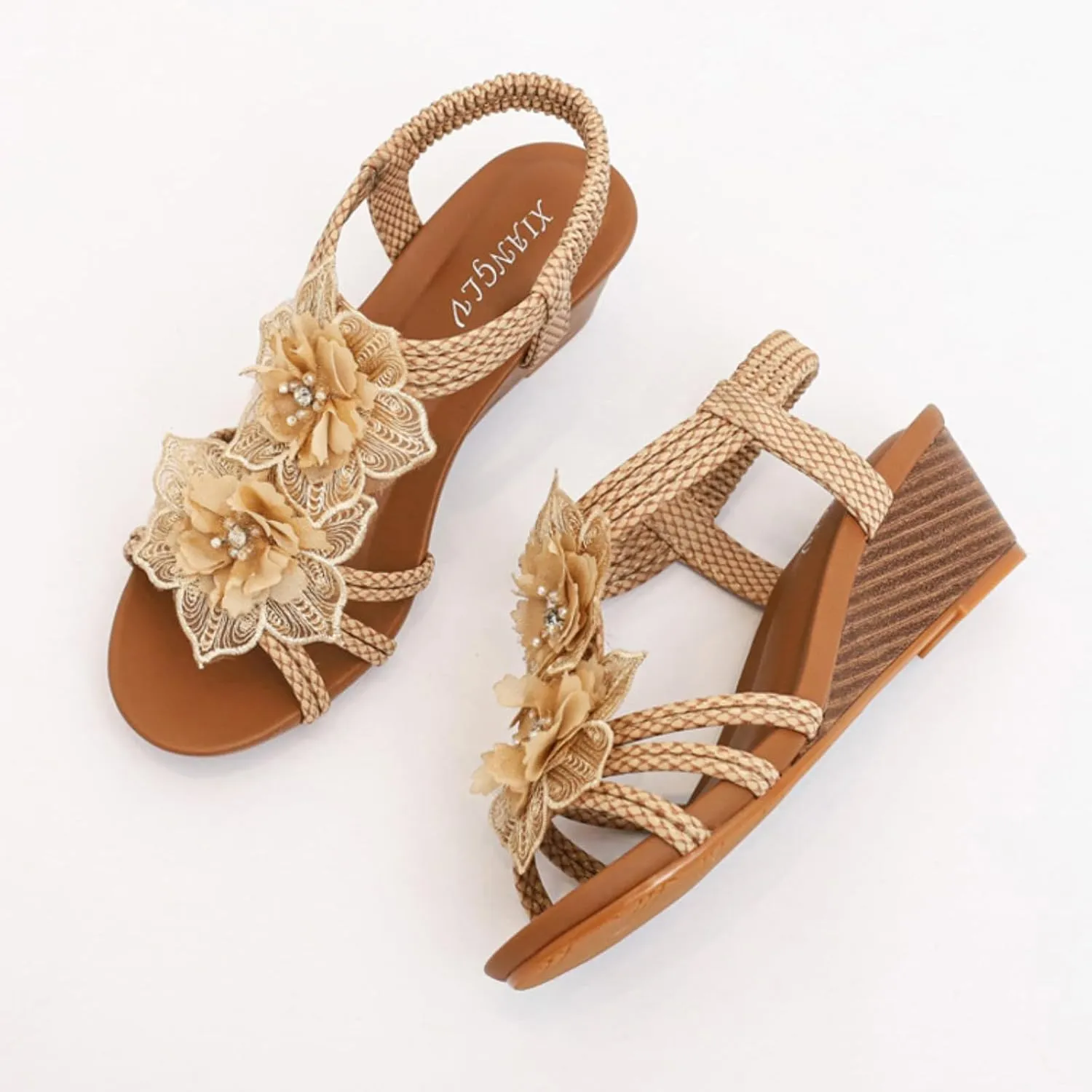 Smoneyful Women's Cutout Sandals Peep Toe Mid Heel Rhinestones Elastic Ankle Strap Open Toe Elegant Thick Sole Breathable Fashion Comfort Wedge Beach Sandals