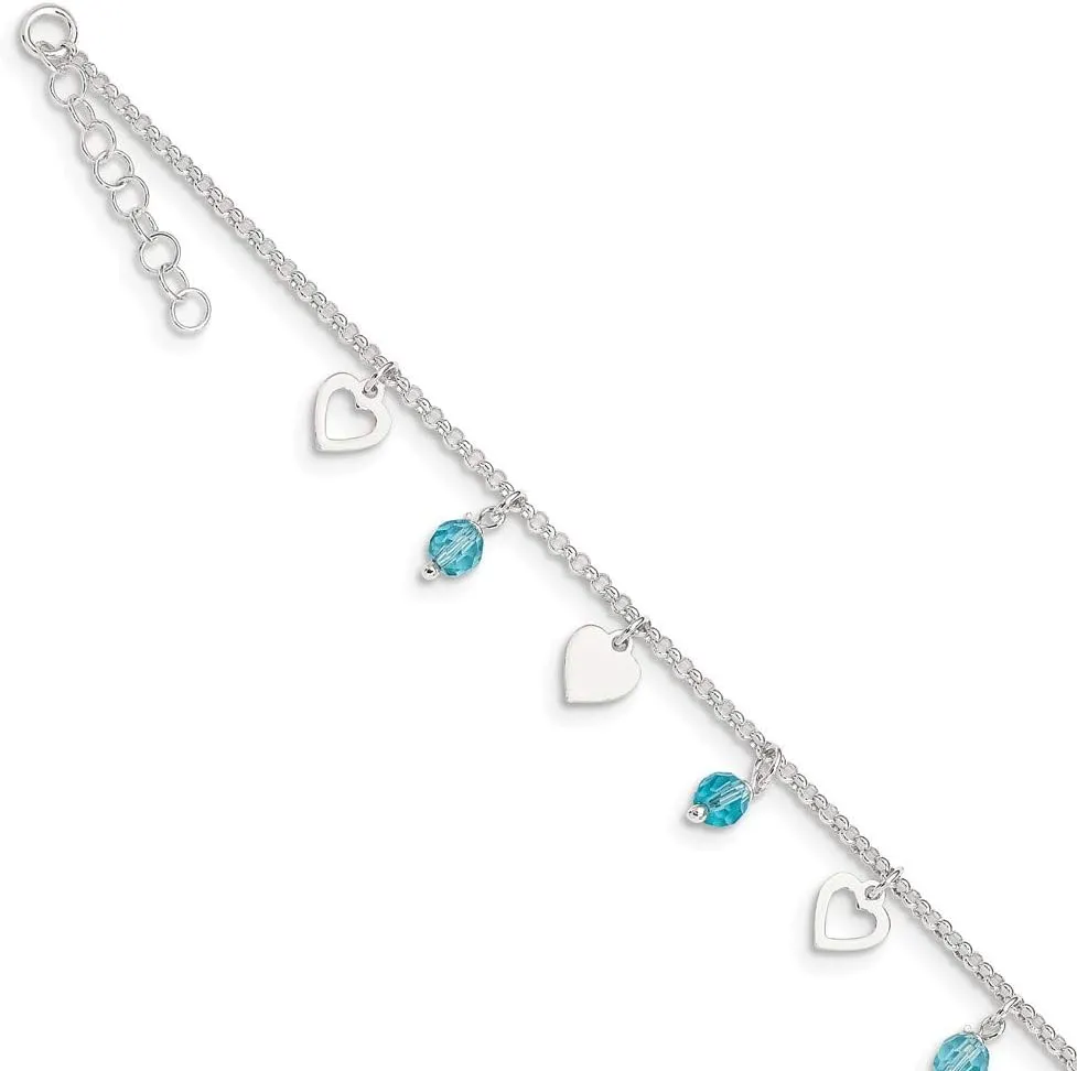 Solid 925 Sterling Silver 9 Heart and Blue Glass 1in Extension Anklet - with Secure Lobster Lock Clasp 9"