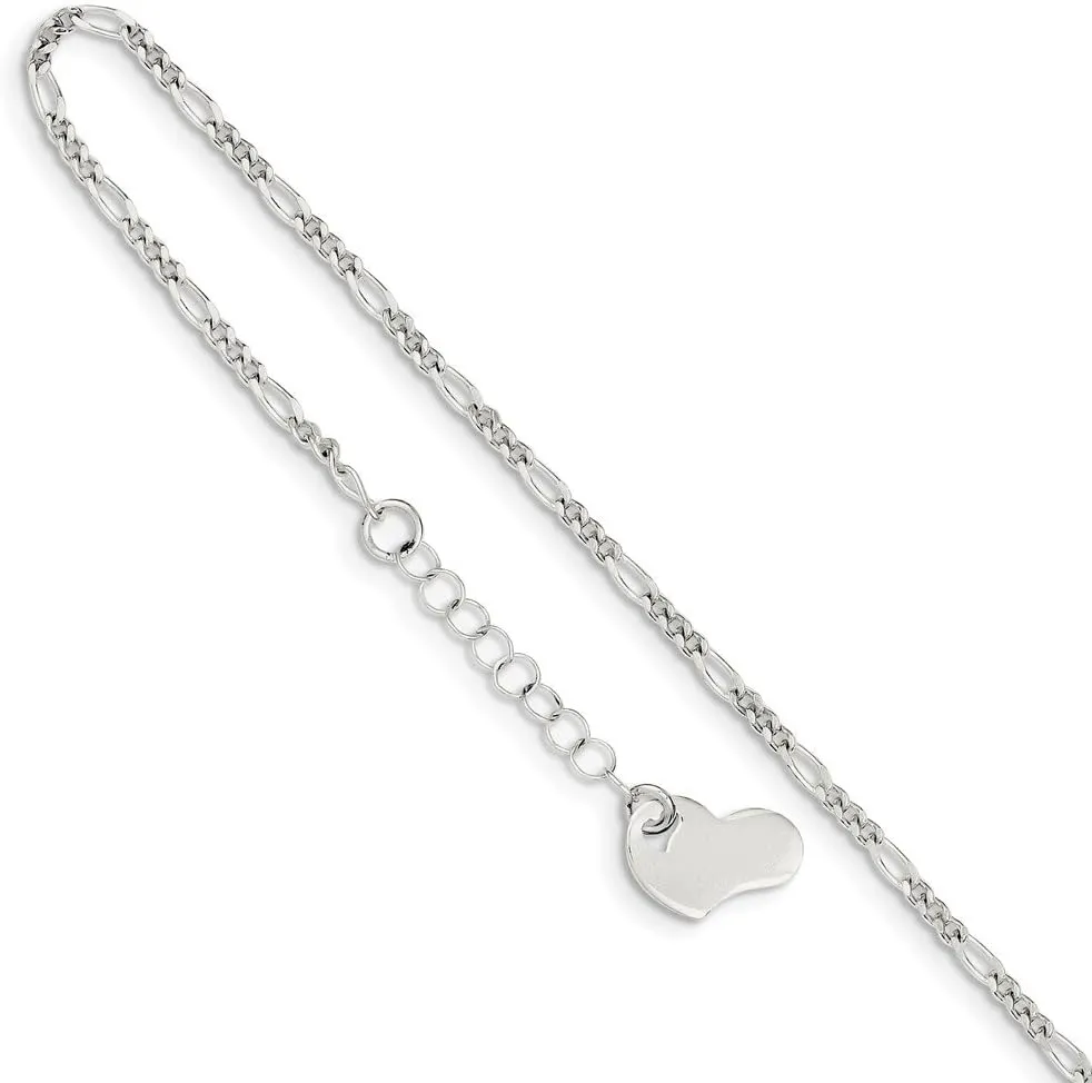 Solid 925 Sterling Silver Heart 1in Extension Anklet - with Secure Lobster Lock Clasp 9"