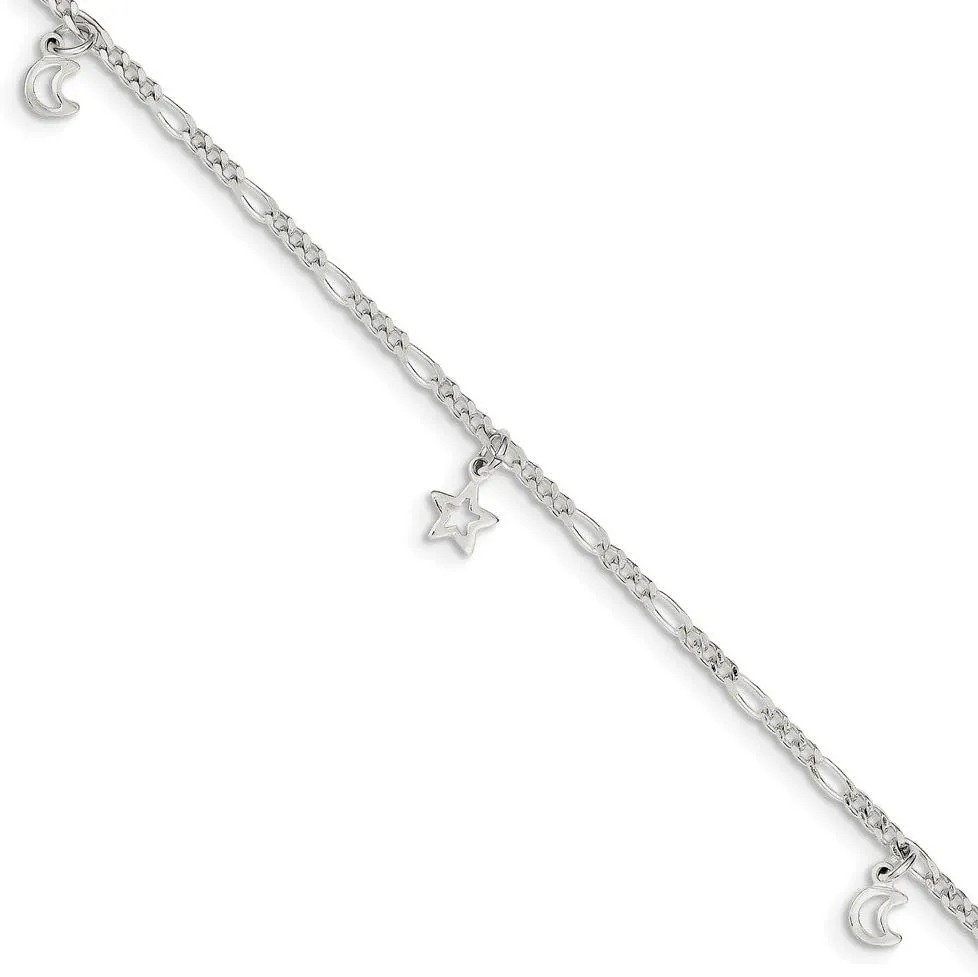 Solid 925 Sterling Silver Star and Moon 1in Extension Anklet 9"