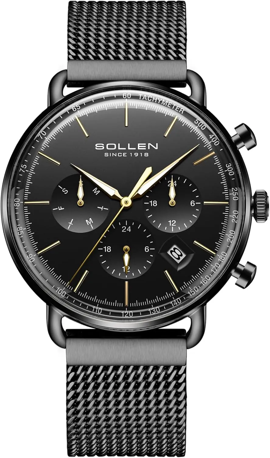 SOLLEN Men's Multifunctional Watch, Japanese Quartz Movement, Mineral Glass, 3 ATM Waterproof, Luminous Hands, Calendar & 24-Hour & Week Function, Stainless Steel Watches for Daily Use - Gift for Him
