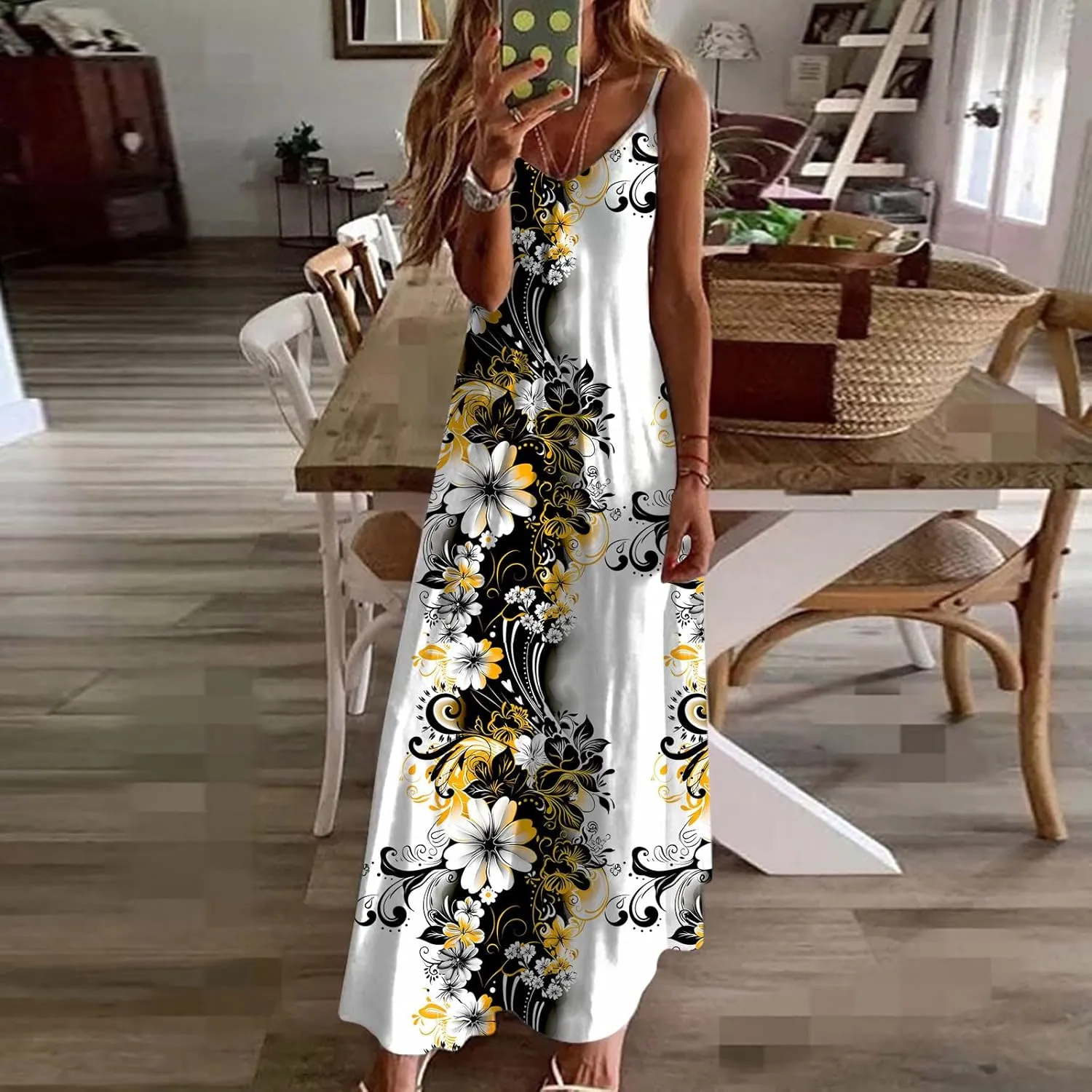 Summer Bohemian Dresses for Women 2024 Sexy Floral Slip Dress Trendy V Neck Maxi Dress Casual Summer Beach Vacation Outfits