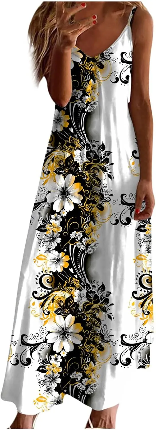 Summer Bohemian Dresses for Women 2024 Sexy Floral Slip Dress Trendy V Neck Maxi Dress Casual Summer Beach Vacation Outfits