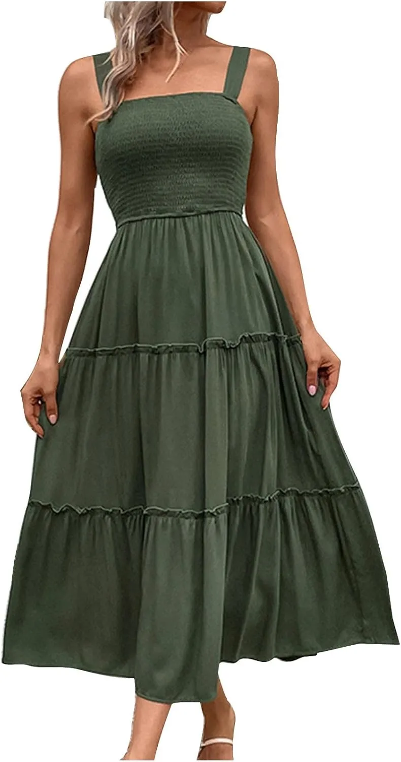 Summer Dresses for Women 2024 Casual Solid Color Maxi Sun Dress Sexy Slip Dress Trendy Summer Vacation Outfits