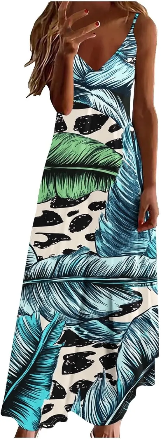 Summer Dresses for Women 2025 Vacation Plus Size Sleeveless Floral Slip Boho Maxi Dress Casual V Neck Beach Sundress