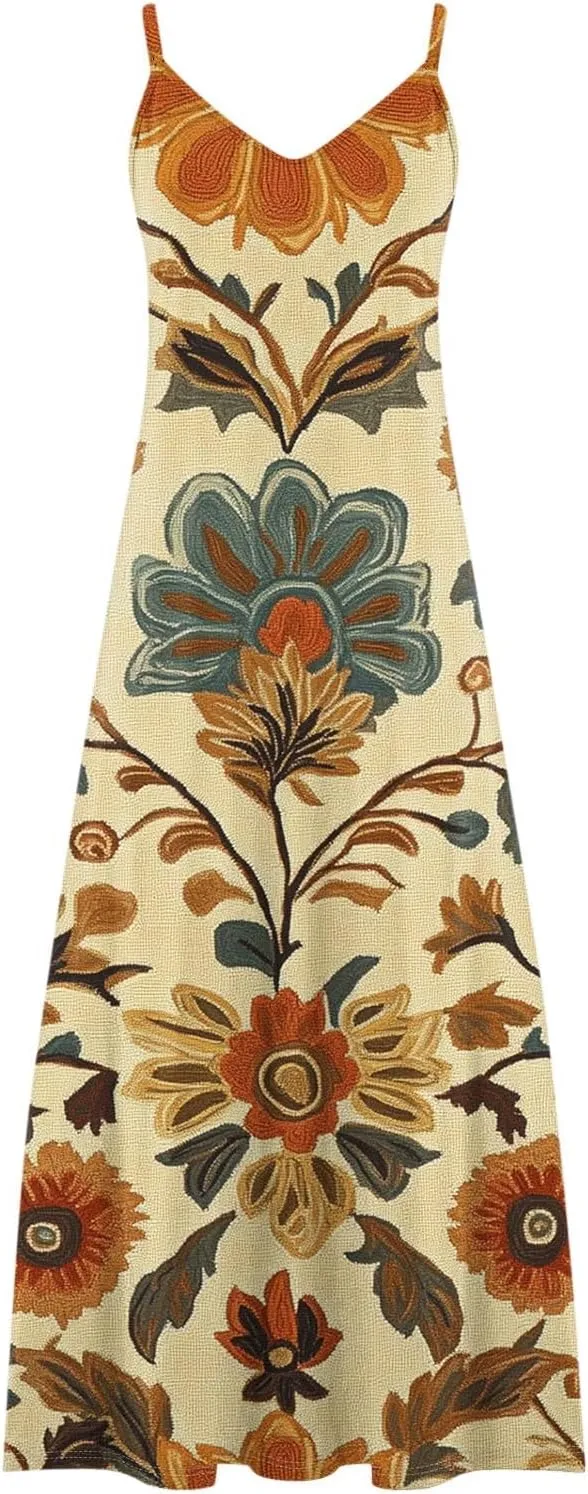 Summer Dresses for Women 2025 Vacation Plus Size Sleeveless Floral Slip Boho Maxi Dress Casual V Neck Beach Sundress