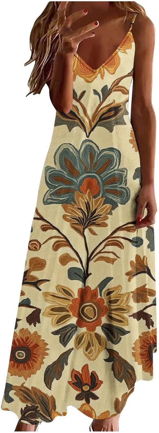 Summer Dresses for Women 2025 Vacation Plus Size Sleeveless Floral Slip Boho Maxi Dress Casual V Neck Beach Sundress