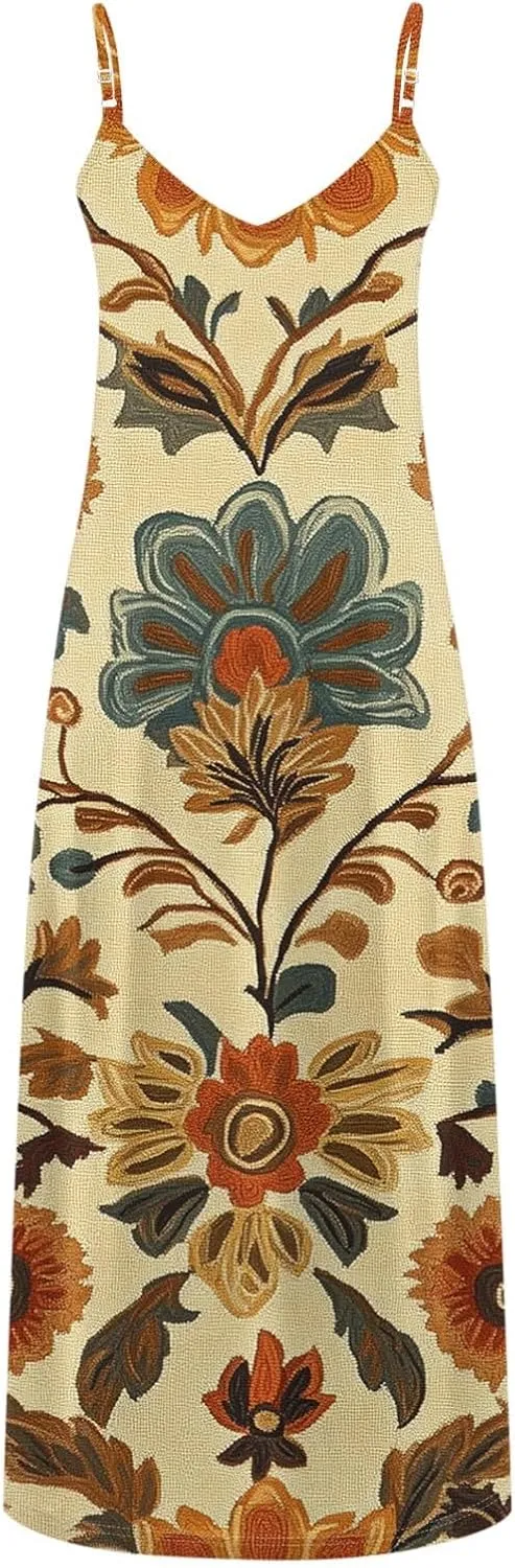Summer Dresses for Women 2025 Vacation Plus Size Sleeveless Floral Slip Boho Maxi Dress Casual V Neck Beach Sundress