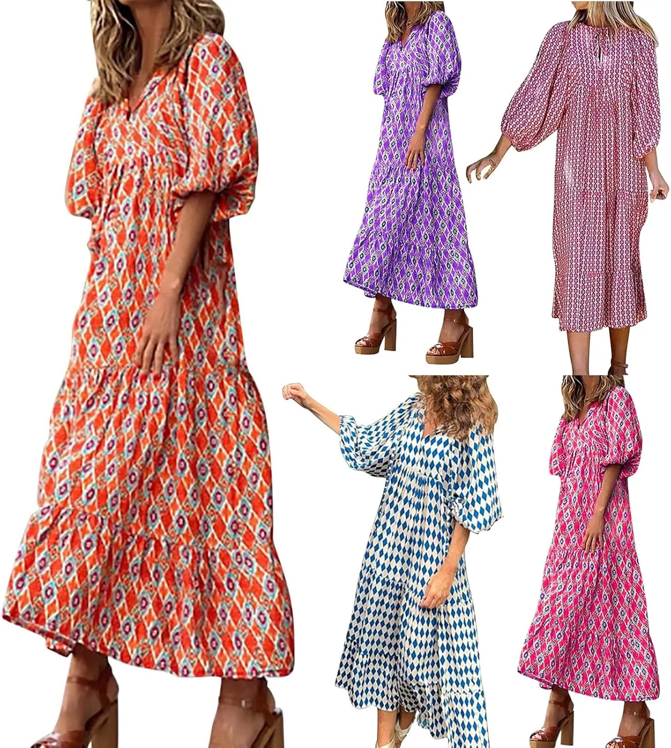 Summer Floral Print Dresses for Women Bubble 3/4 Sleeve V Neck Maxi Boho Dress Flowy Swing A-Line Beach Dresses