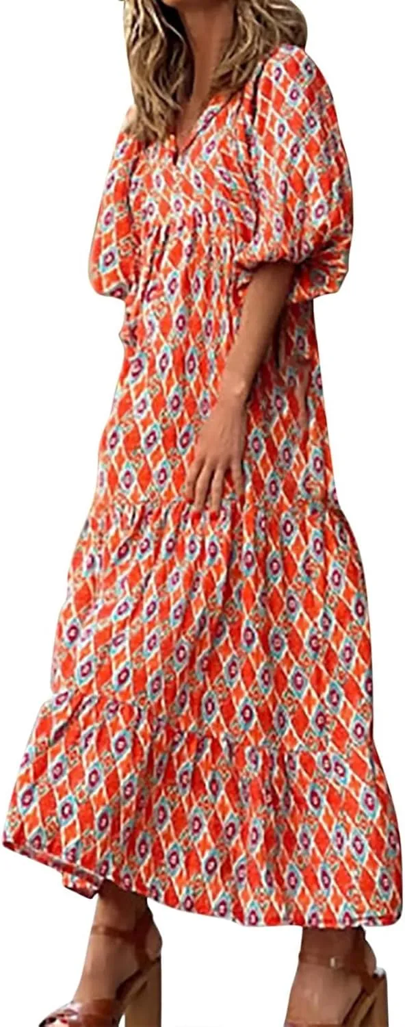 Summer Floral Print Dresses for Women Bubble 3/4 Sleeve V Neck Maxi Boho Dress Flowy Swing A-Line Beach Dresses