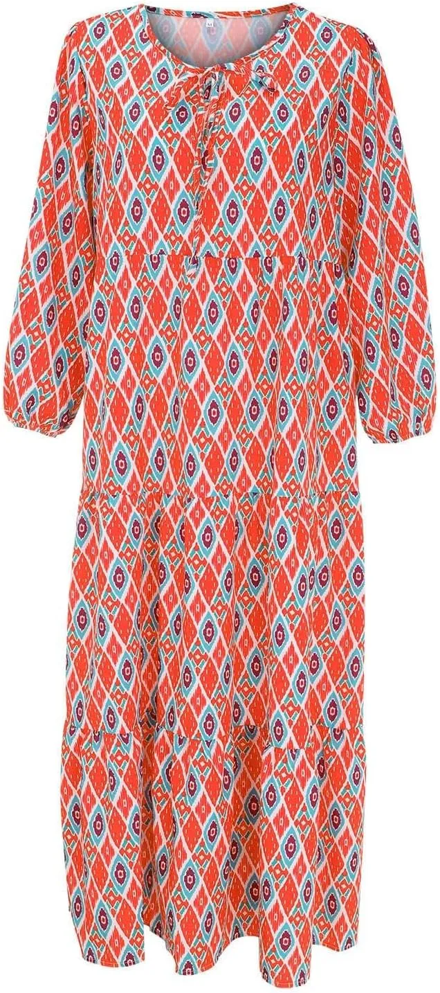 Summer Floral Print Dresses for Women Bubble 3/4 Sleeve V Neck Maxi Boho Dress Flowy Swing A-Line Beach Dresses