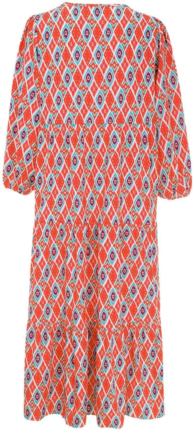 Summer Floral Print Dresses for Women Bubble 3/4 Sleeve V Neck Maxi Boho Dress Flowy Swing A-Line Beach Dresses
