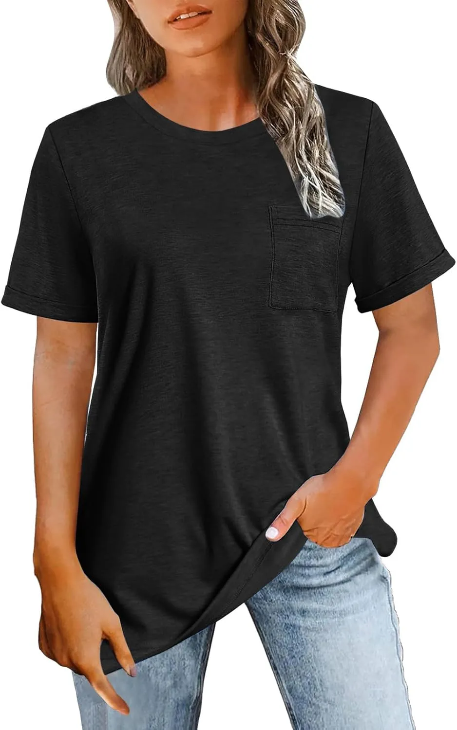 Summer Tops for Women Trendy Short Sleeve Tshirts Basic Shirts Casual Ladies Solid Crew Neck Blouses with Pockets