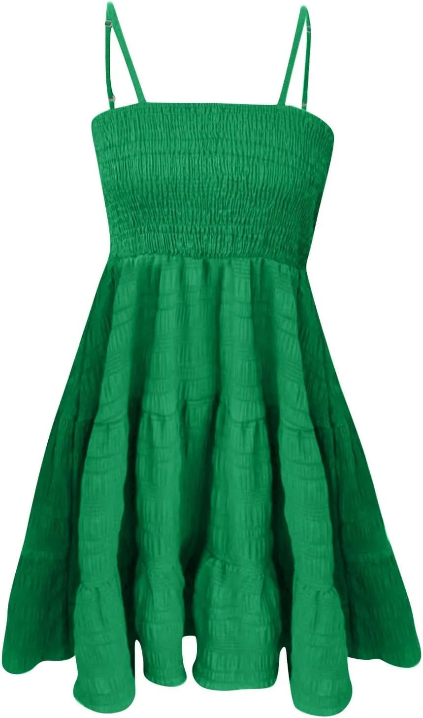 Sundresses for Women 2025 Sleeveless Adjustable Spaghetti Strap Mini Dresses Smocked Tiered A Line Swing Slip Dress