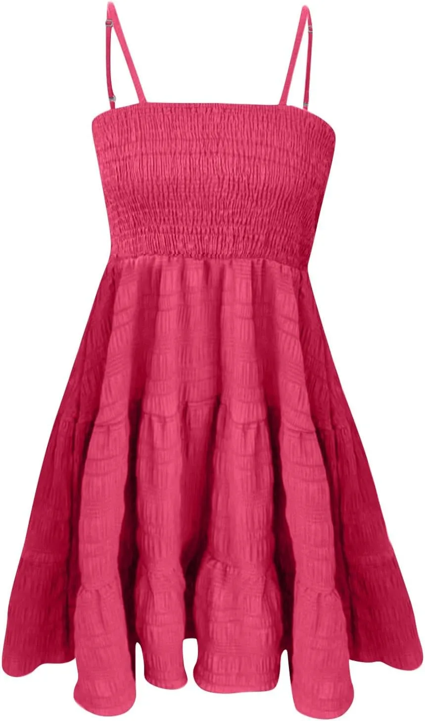 Sundresses for Women 2025 Sleeveless Adjustable Spaghetti Strap Mini Dresses Smocked Tiered A Line Swing Slip Dress