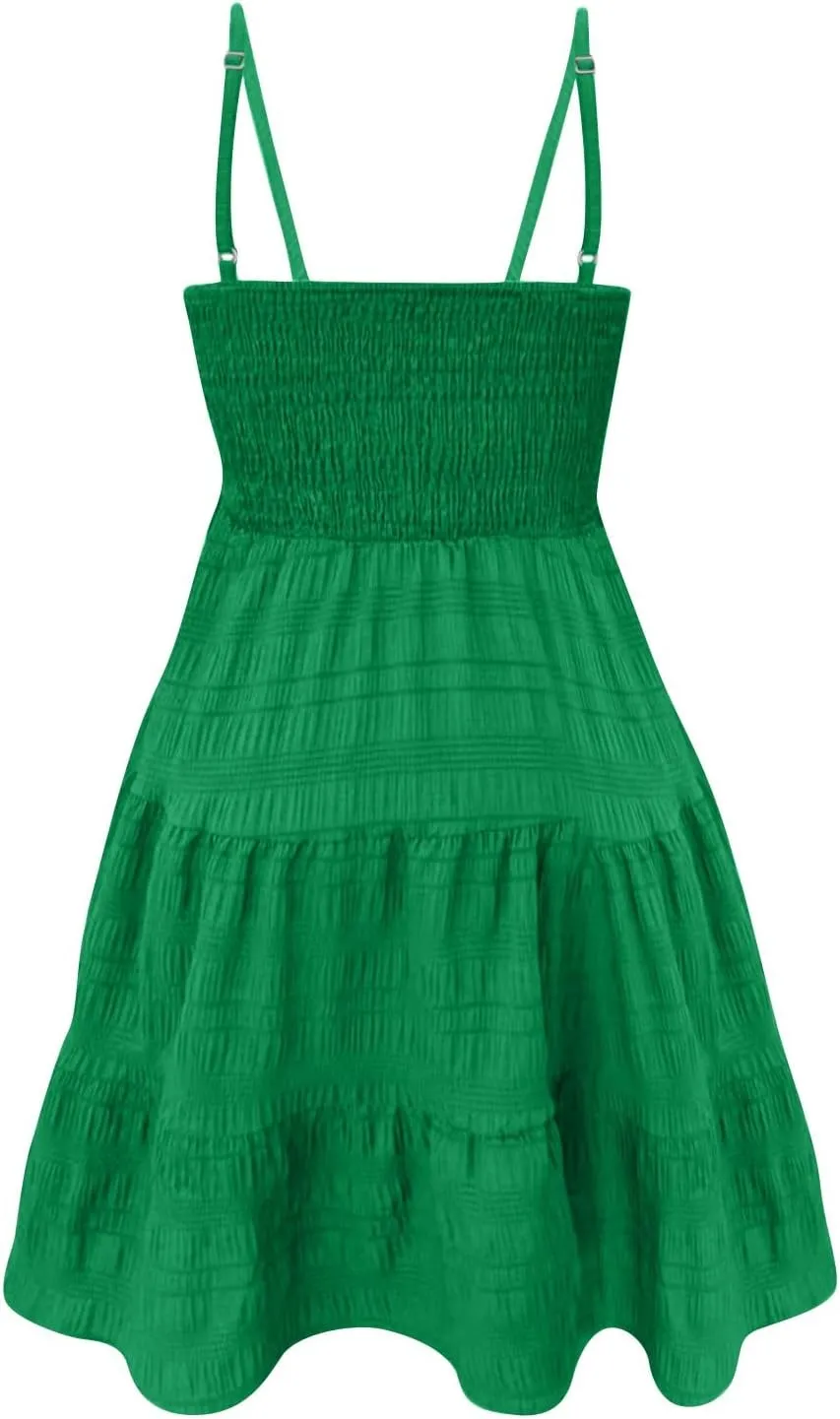 Sundresses for Women 2025 Sleeveless Adjustable Spaghetti Strap Mini Dresses Smocked Tiered A Line Swing Slip Dress