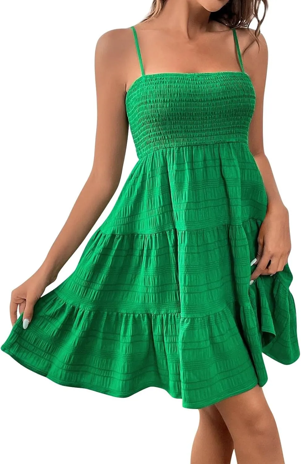 Sundresses for Women 2025 Sleeveless Adjustable Spaghetti Strap Mini Dresses Smocked Tiered A Line Swing Slip Dress