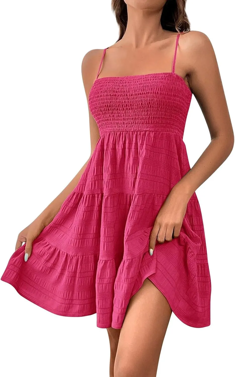Sundresses for Women 2025 Sleeveless Adjustable Spaghetti Strap Mini Dresses Smocked Tiered A Line Swing Slip Dress