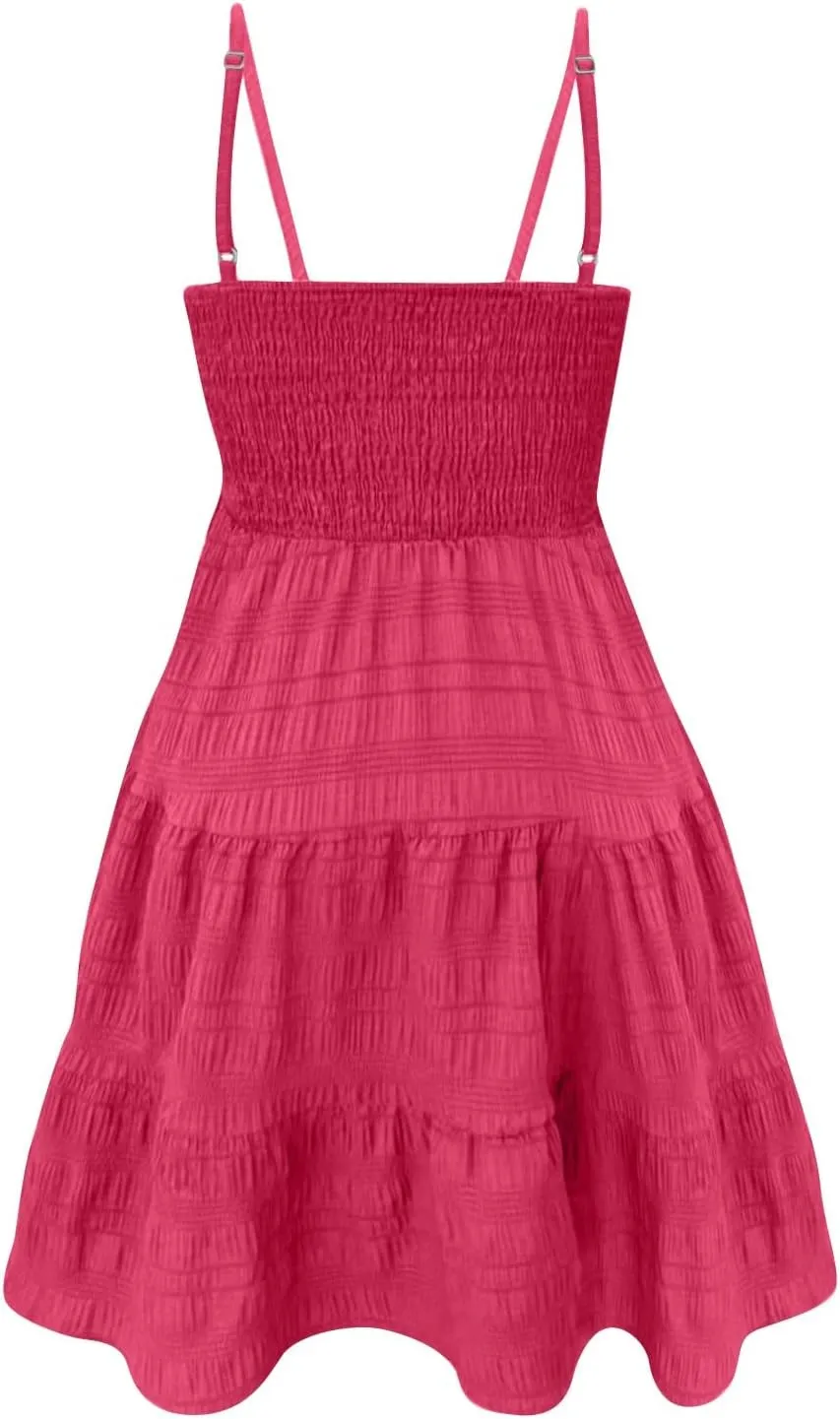 Sundresses for Women 2025 Sleeveless Adjustable Spaghetti Strap Mini Dresses Smocked Tiered A Line Swing Slip Dress