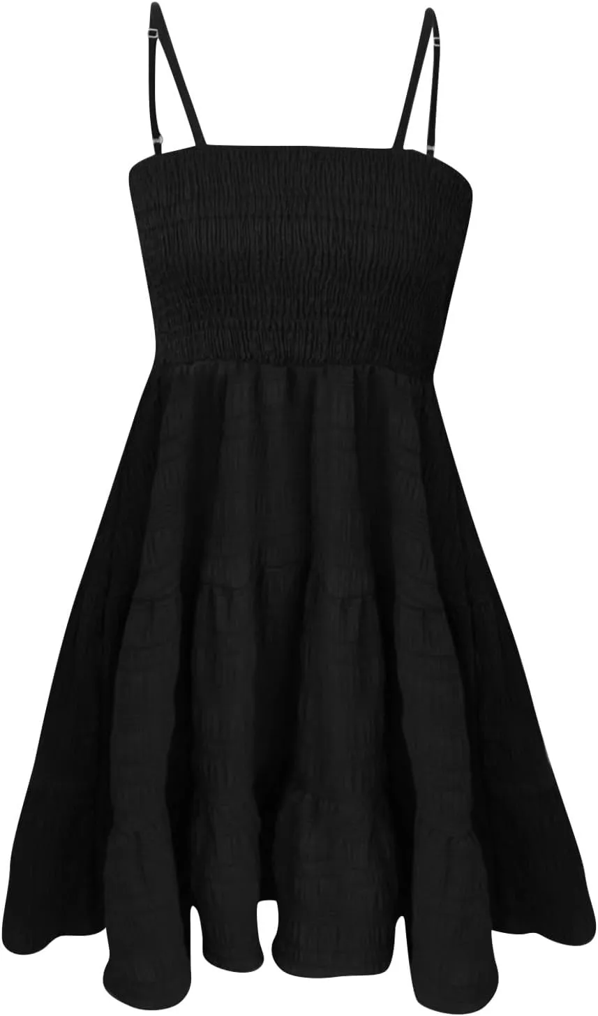 Sundresses for Women 2025 Sleeveless Adjustable Spaghetti Strap Mini Dresses Smocked Tiered A Line Swing Slip Dress
