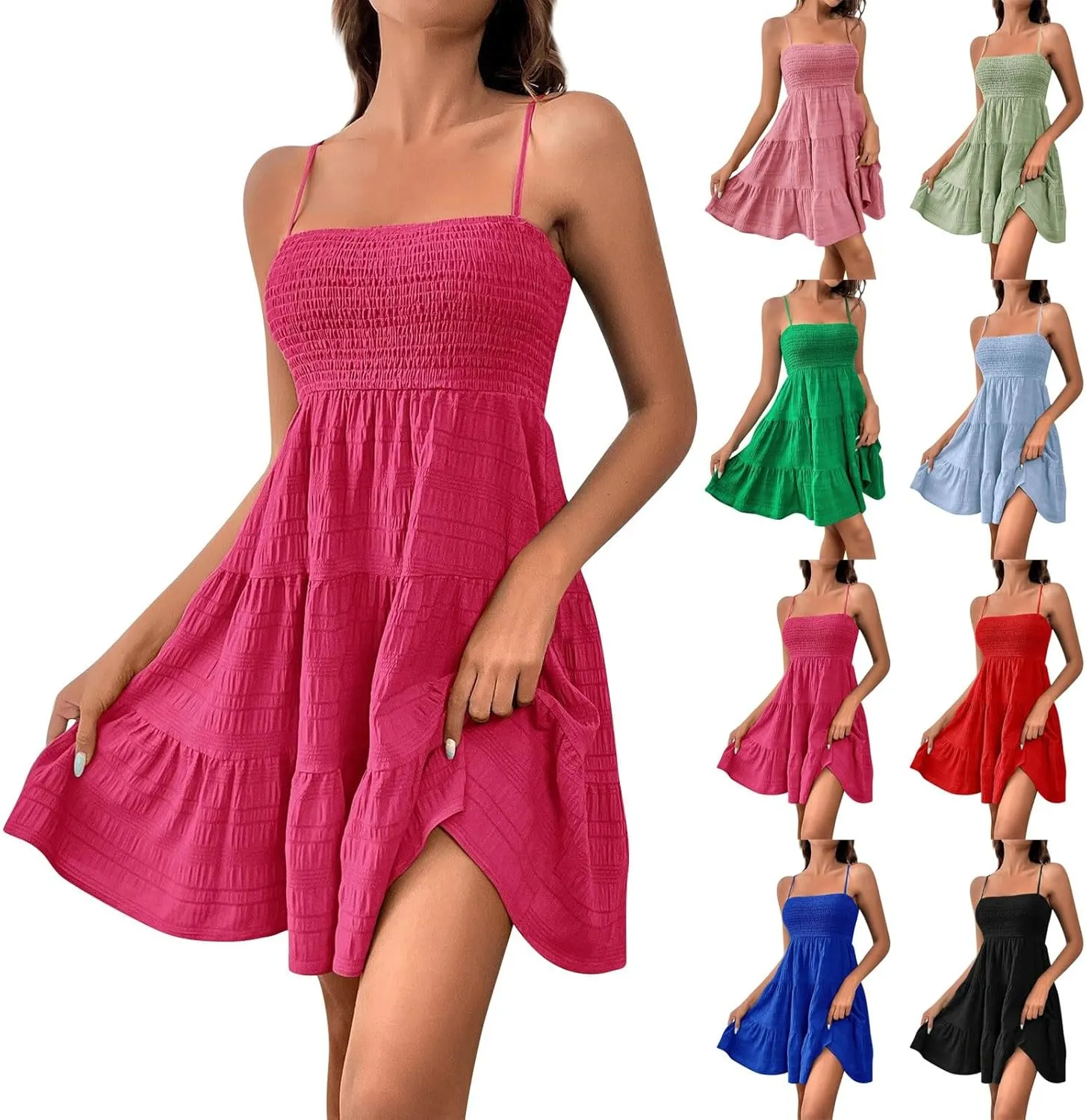 Sundresses for Women 2025 Sleeveless Adjustable Spaghetti Strap Mini Dresses Smocked Tiered A Line Swing Slip Dress
