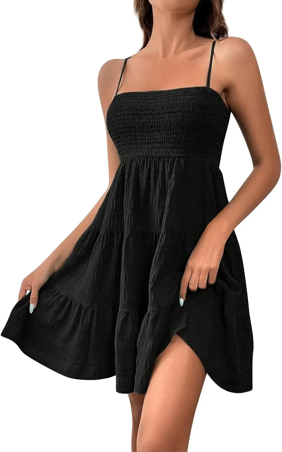 Sundresses for Women 2025 Sleeveless Adjustable Spaghetti Strap Mini Dresses Smocked Tiered A Line Swing Slip Dress