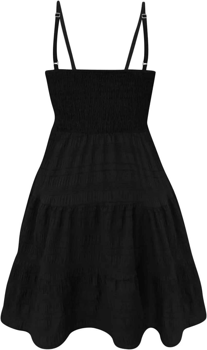 Sundresses for Women 2025 Sleeveless Adjustable Spaghetti Strap Mini Dresses Smocked Tiered A Line Swing Slip Dress