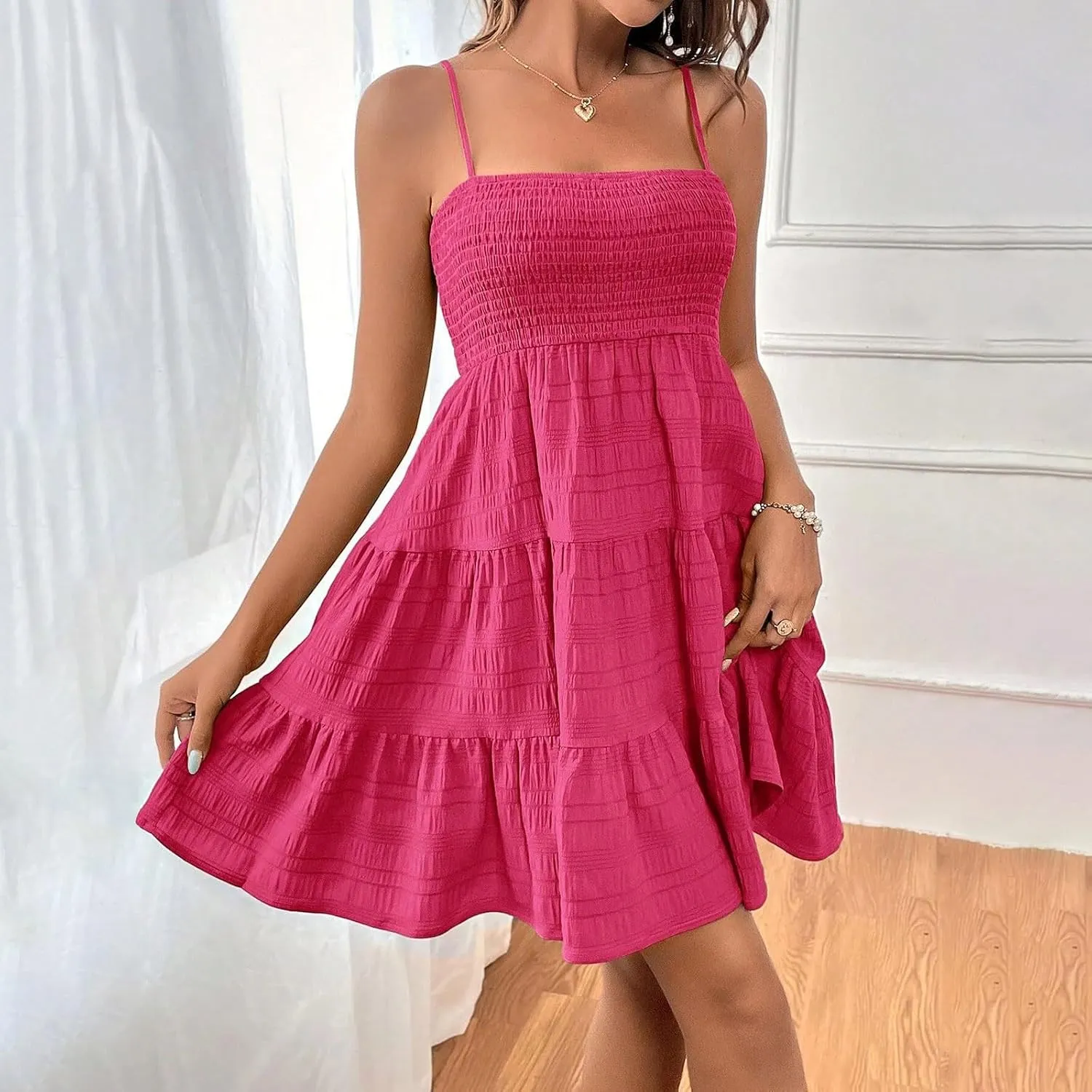 Sundresses for Women 2025 Sleeveless Adjustable Spaghetti Strap Mini Dresses Smocked Tiered A Line Swing Slip Dress