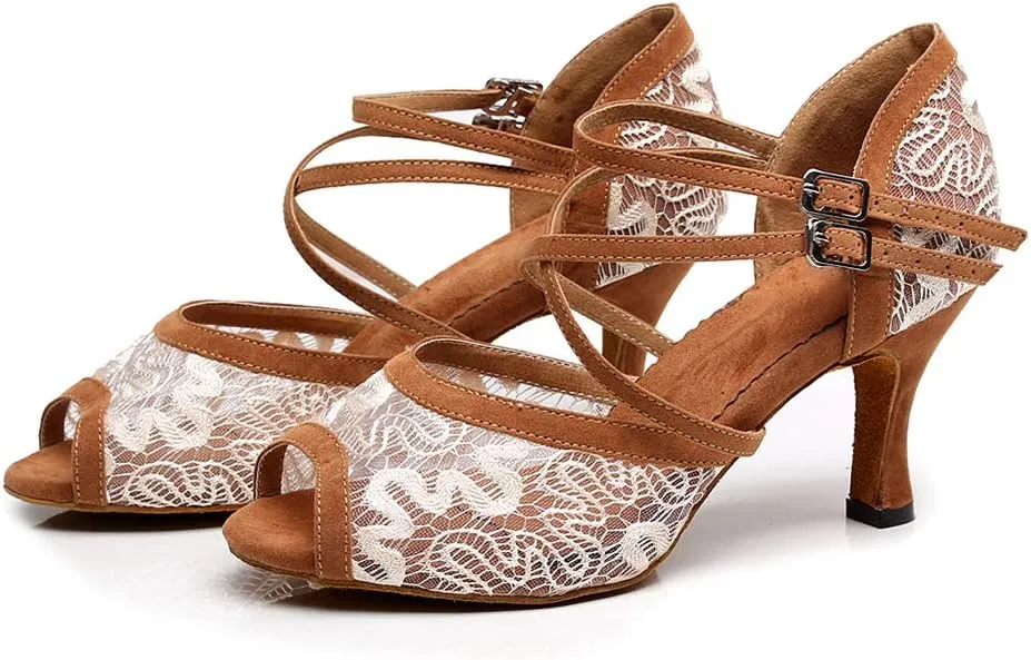 SWDZM Women's Peep Toe Mesh Satin Ballroom Dance Shoes Salsa Latin Tango Practice Dancing Shoes,Model-QJW1060