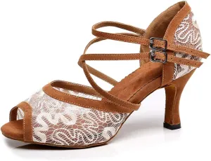 SWDZM Women's Peep Toe Mesh Satin Ballroom Dance Shoes Salsa Latin Tango Practice Dancing Shoes,Model-QJW1060