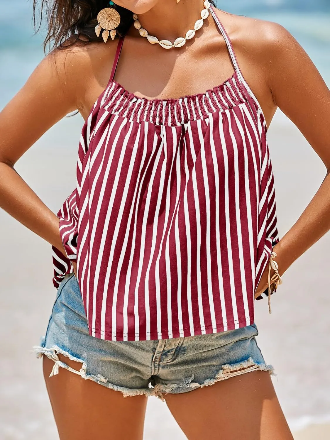 Tankaneo Womens Striped Halter Camisole Tank Tops Vacation Open Back Crop Tops Flowy Pleated Y2k Tshirts