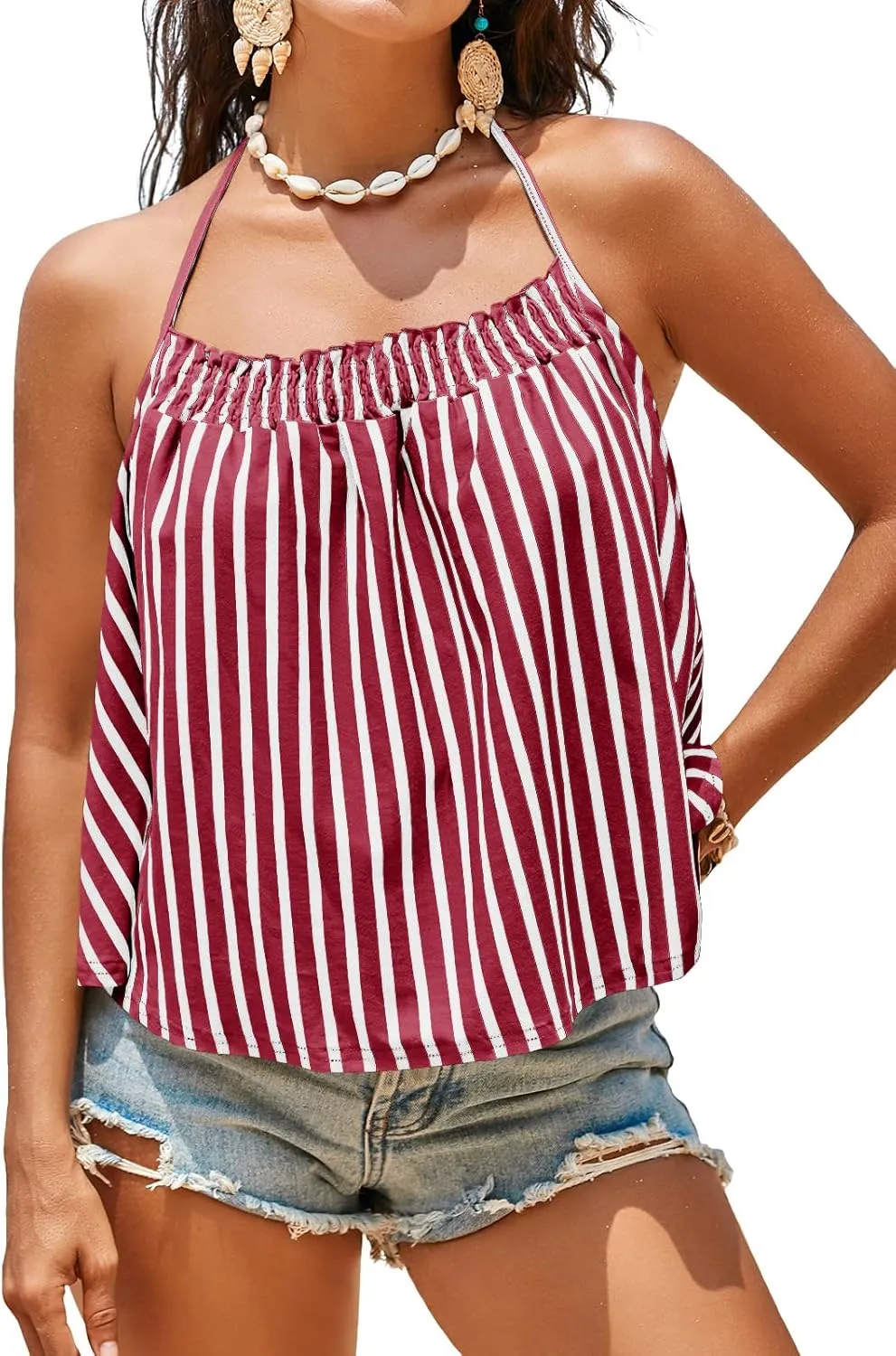 Tankaneo Womens Striped Halter Camisole Tank Tops Vacation Open Back Crop Tops Flowy Pleated Y2k Tshirts