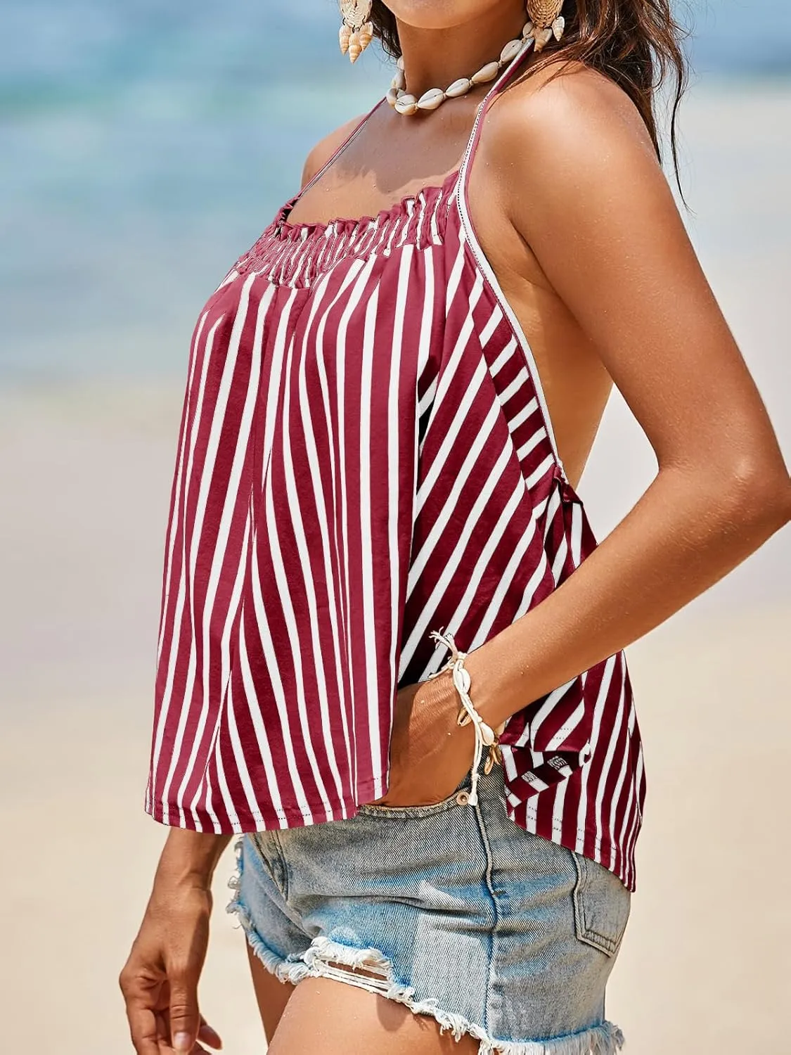 Tankaneo Womens Striped Halter Camisole Tank Tops Vacation Open Back Crop Tops Flowy Pleated Y2k Tshirts