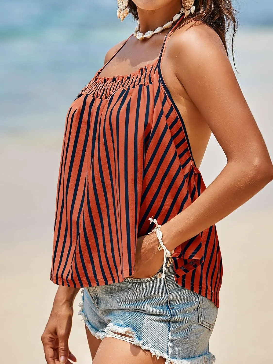 Tankaneo Womens Striped Halter Camisole Tank Tops Vacation Open Back Crop Tops Flowy Pleated Y2k Tshirts