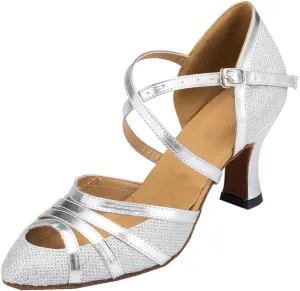 TDA CM105 Womens Ankle Strap Silver Glitter Synthetic Salsa Tango Ballroom Latin Wedding Party Dance Shoes 6.5 M US