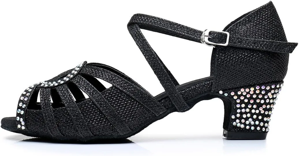 TDA Womens Ankle Strap Peep Toe Cut-Out Crystals Glitter Synthetic Low Heel Tango Ballroom Latin Dance Wedding Shoes