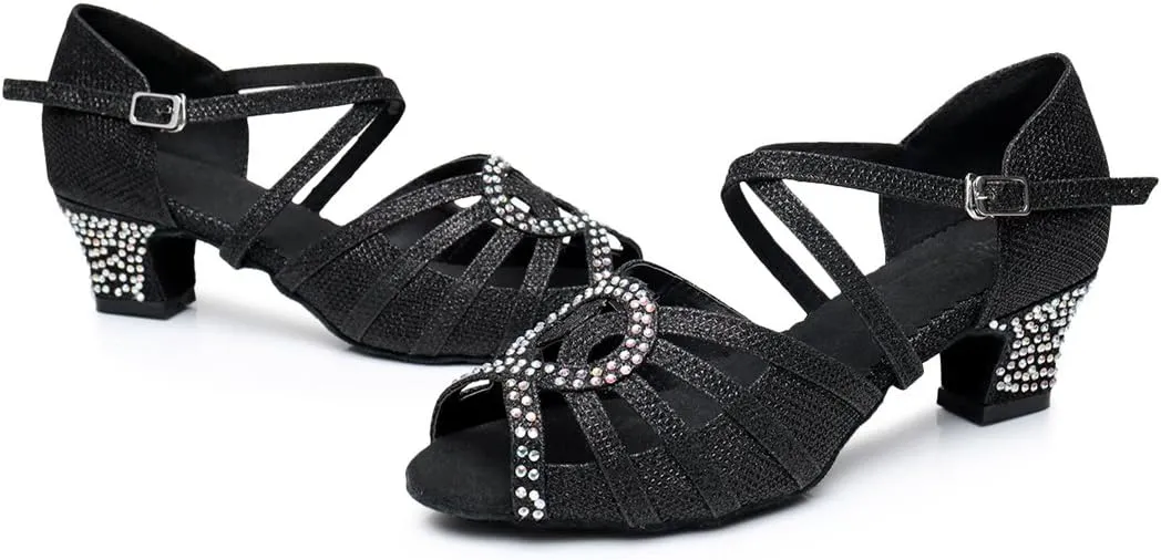 TDA Womens Ankle Strap Peep Toe Cut-Out Crystals Glitter Synthetic Low Heel Tango Ballroom Latin Dance Wedding Shoes