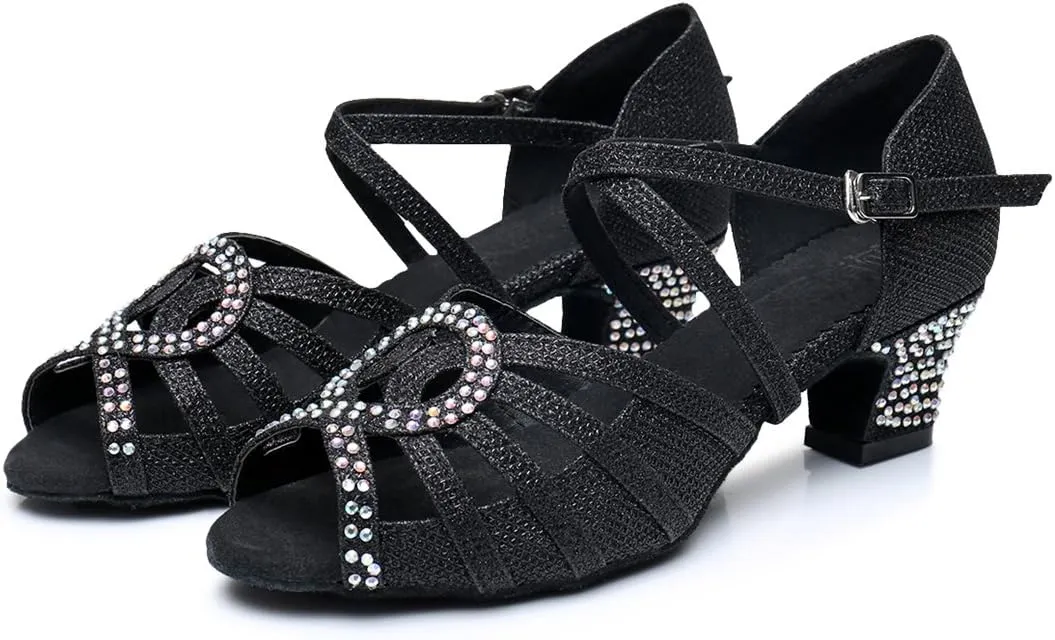 TDA Womens Ankle Strap Peep Toe Cut-Out Crystals Glitter Synthetic Low Heel Tango Ballroom Latin Dance Wedding Shoes