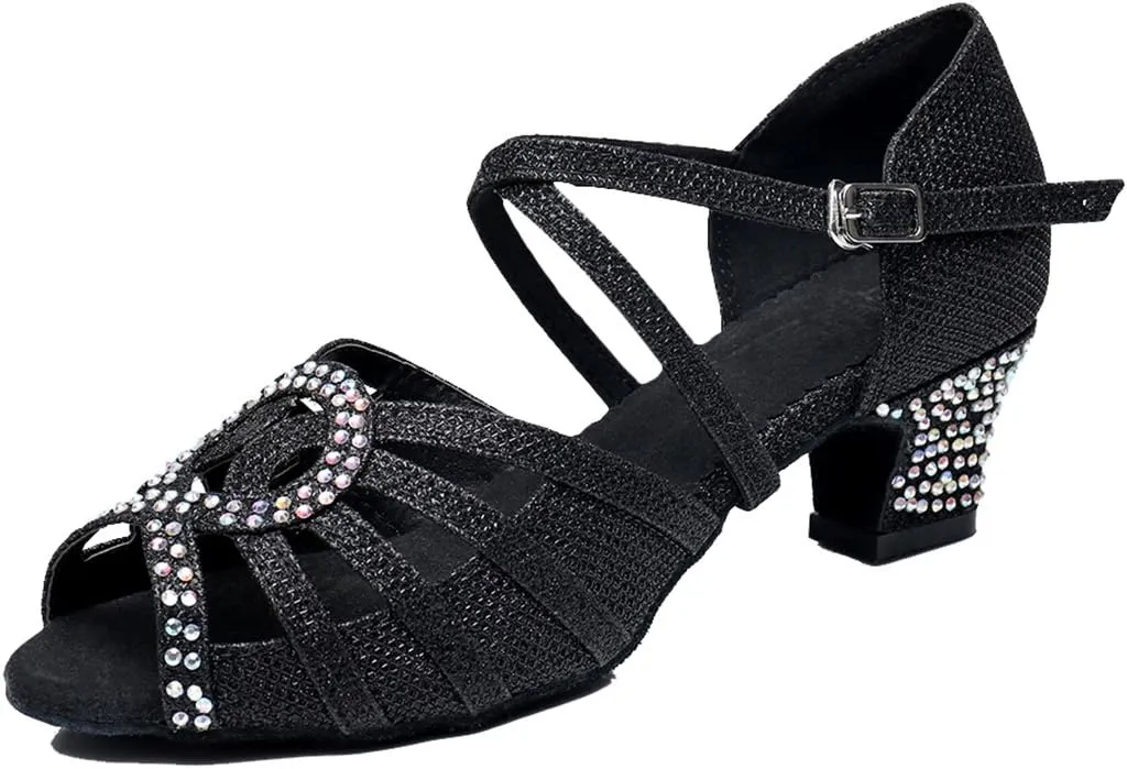 TDA Womens Ankle Strap Peep Toe Cut-Out Crystals Glitter Synthetic Low Heel Tango Ballroom Latin Dance Wedding Shoes
