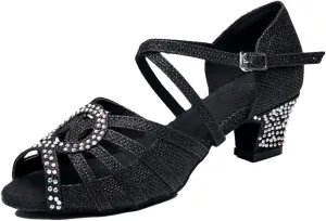 TDA Womens Ankle Strap Peep Toe Cut-Out Crystals Glitter Synthetic Low Heel Tango Ballroom Latin Dance Wedding Shoes