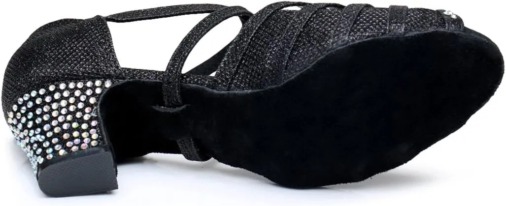 TDA Womens Ankle Strap Peep Toe Cut-Out Crystals Glitter Synthetic Low Heel Tango Ballroom Latin Dance Wedding Shoes