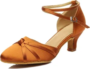 TDA Women's Closed Toe Cross-strap Knot Satin Salsa Tango Ballroom Latin Dance Shoes