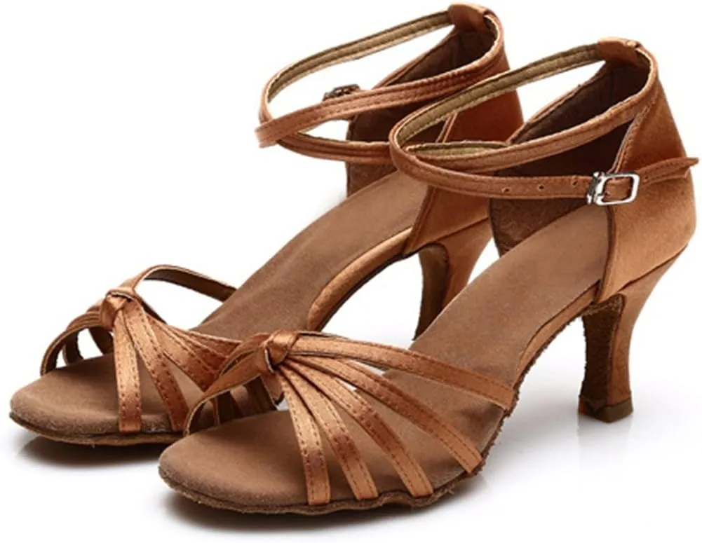 TDA Women's Fashion Mid Heel Knot Satin Salsa Tango Samba Latin Shoes