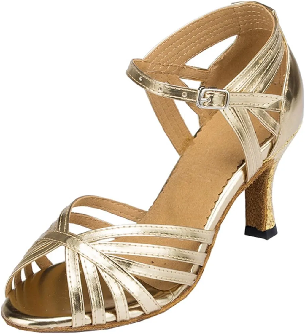 TDA Women's Fashion Single Strap High Heel Gold Latin Salsa Ballroom Dance Shoes 4 M US
