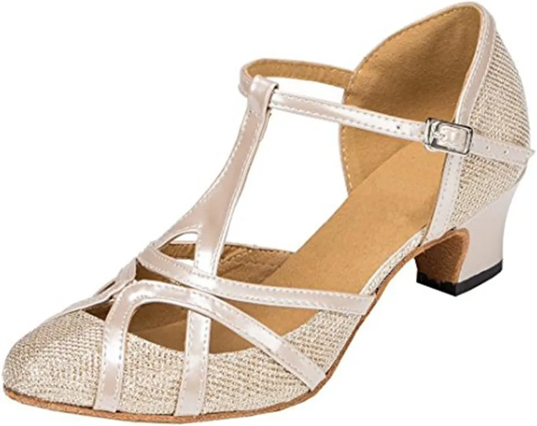 TDA Womens Mid Heel 5cm Champagne PU Leather Salsa Tango Ballroom Latin Party Dance Shoes CM101 4 M US
